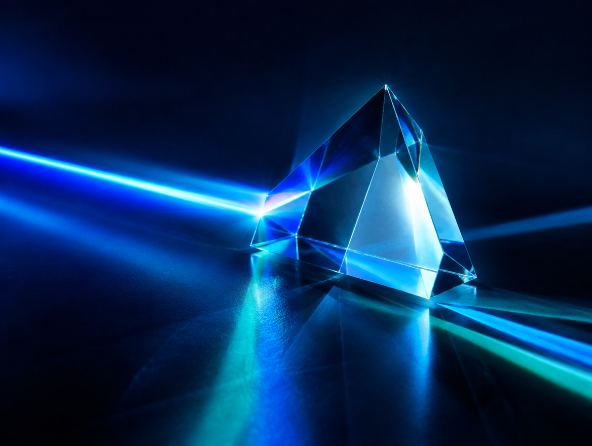 Glass prism refracting light, clarity through complexity